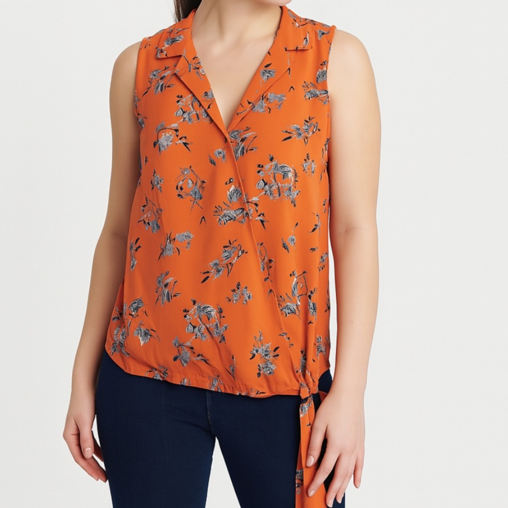LOFT Petites Floral Blouse‎ Sleeveless Tie Waist Orange MP